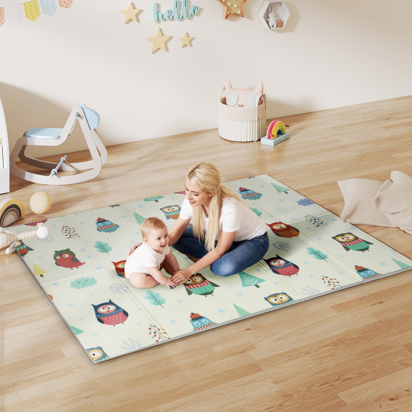 Foldable Baby Plat Mat Double Sided, Kids Floor Mat for Crawling, 200L x 150W cm, Car track and Owl Theme