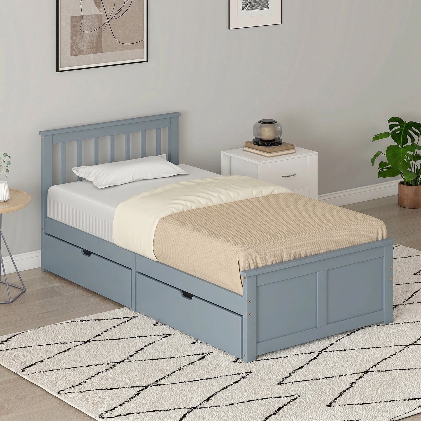 Pine Storage Bed, 3ft Single Solid Wooden Bed Frame with Drawers, Headboard, Wood Slat Support, Grey