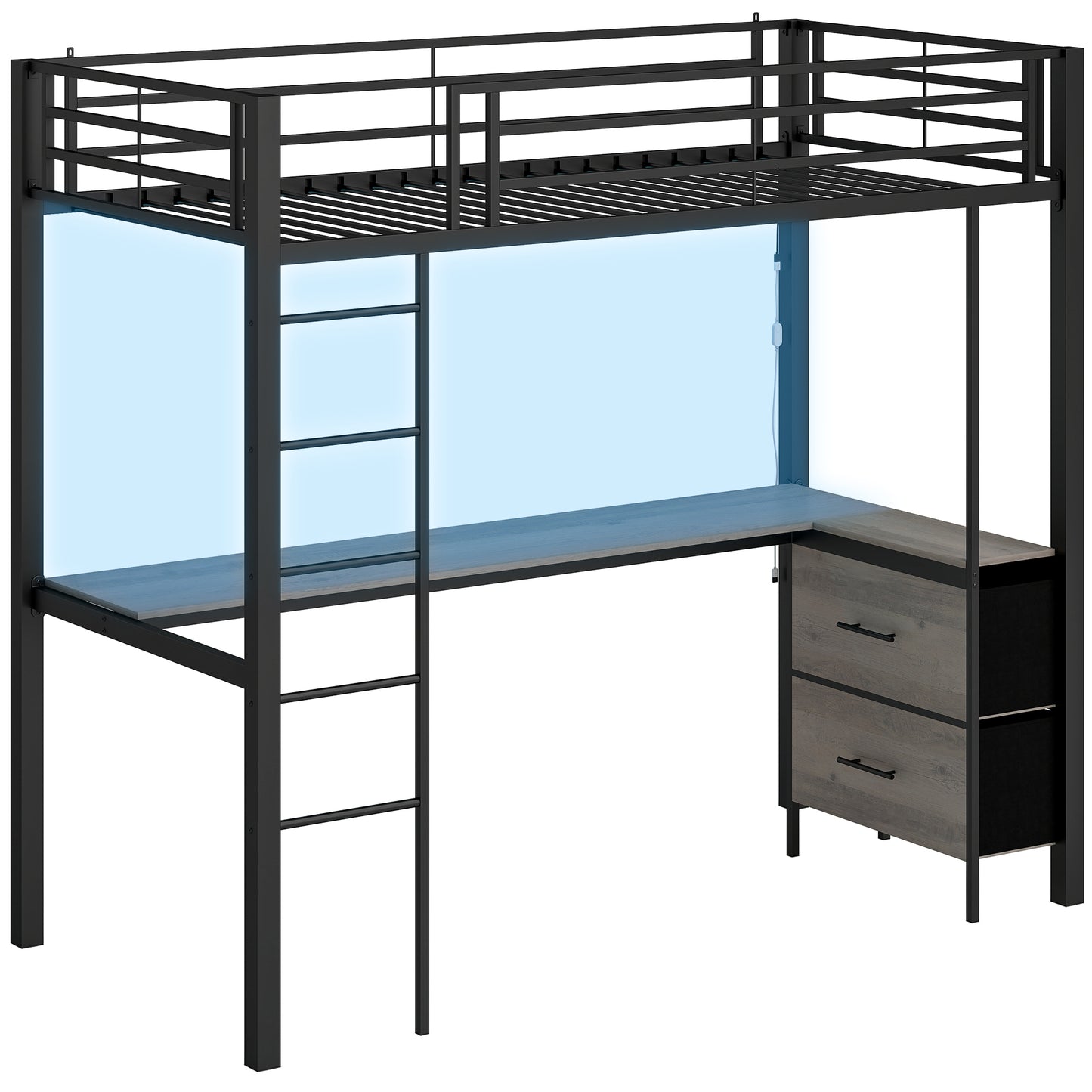 Metal Bunk Bed with Desk, High Sleeper Bed with LED Light and Safety Guardrail for Teens Adults, No Box Spring Needed
