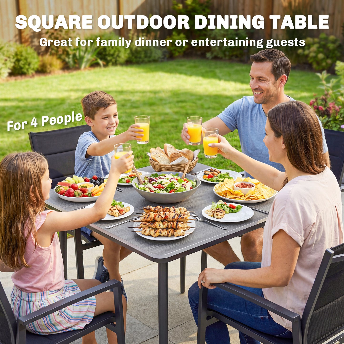 Garden Dining Table for 4, 85 cm Square Outdoor Table with Umbrella Hole, Faux Wood Top, Metal Legs, Light Grey