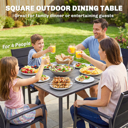 Garden Dining Table for 4, 85 cm Square Outdoor Table with Umbrella Hole, Faux Wood Top, Metal Legs, Light Grey