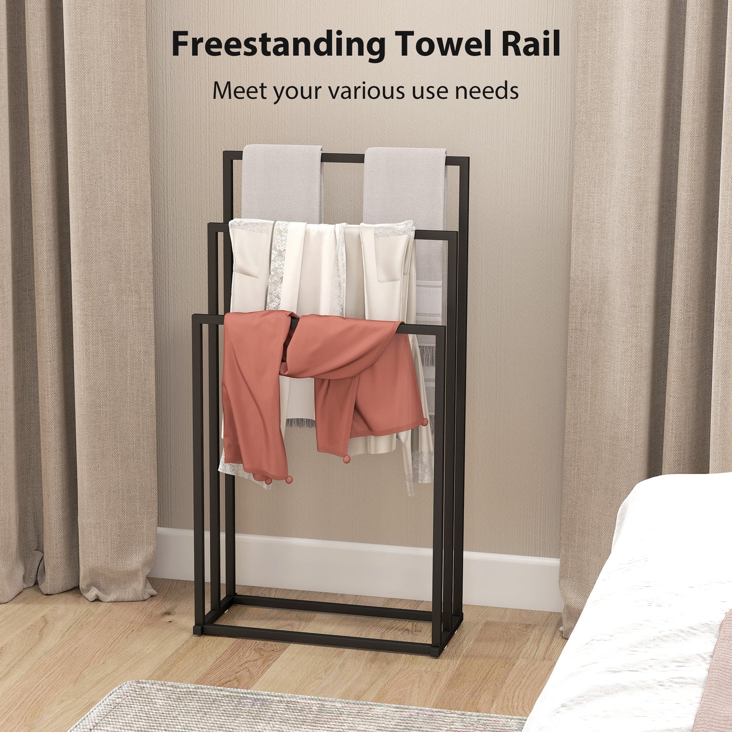 Freestanding Towel Rack, Steel Towel Rail Holder with 3 Bars, Black