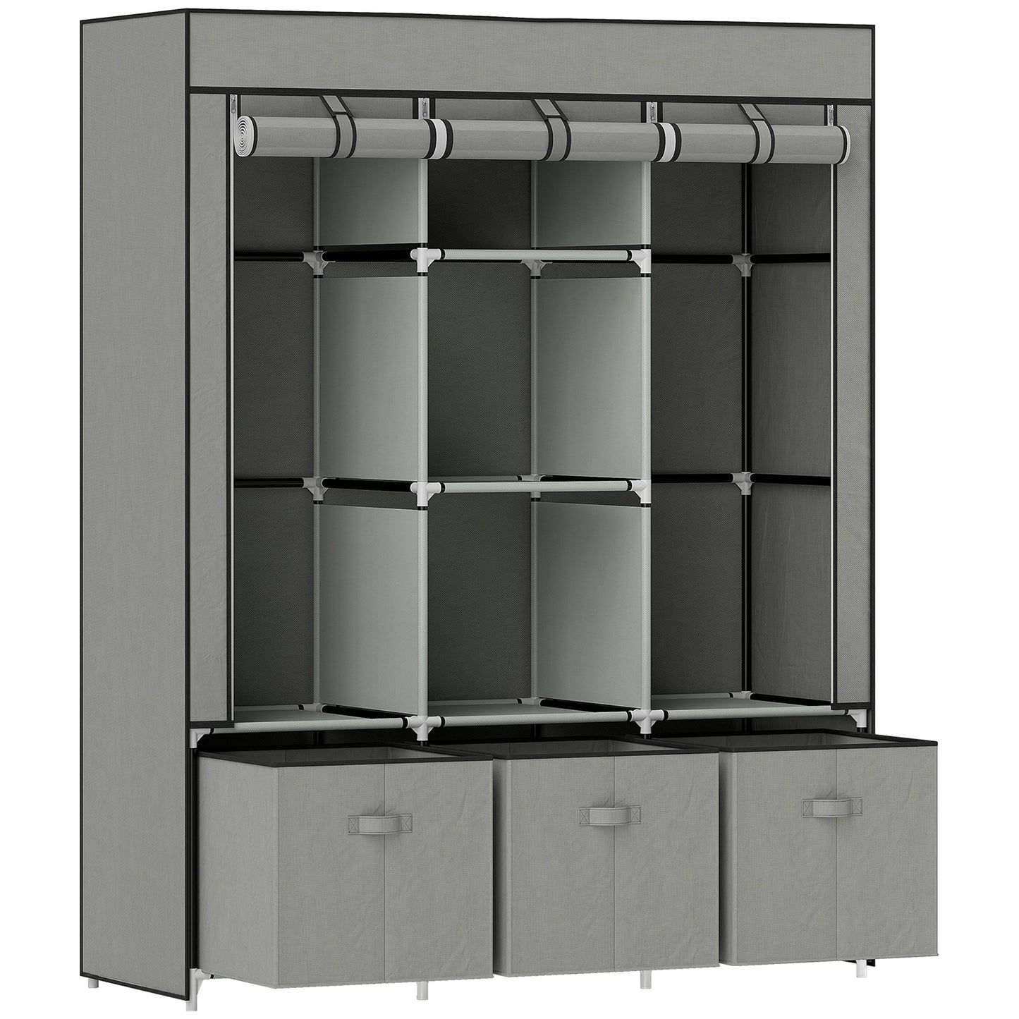 Foldable Fabric Wardrobe for Bedroom, Portable Wardrobe with 5 Shelves, 2 Hanging Rails and 3 Fabric Drawers, Light Grey