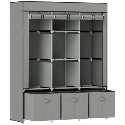 Foldable Fabric Wardrobe for Bedroom, Portable Wardrobe with 5 Shelves, 2 Hanging Rails and 3 Fabric Drawers, Light Grey