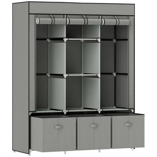 Foldable Fabric Wardrobe for Bedroom, Portable Wardrobe with 5 Shelves, 2 Hanging Rails and 3 Fabric Drawers, Light Grey