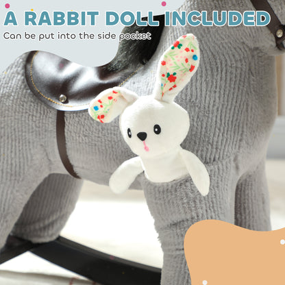 Baby Rocking Horse, Plush Ride on Toy with Handle Grip, Sound and Doll, Toddler Animal Rocker for Kids Aged 2-5, Grey