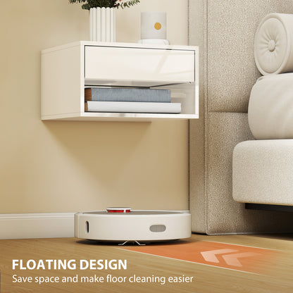Set of Two Floating Bedside Tables, Wall Mounted Nightstand with Drawer and Open Shelf, High Gloss White