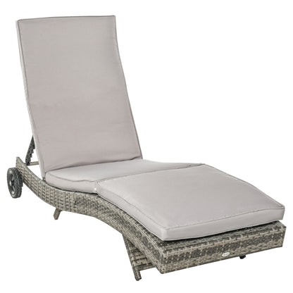 Patio Wicker Chaise Lounge Chair, Outdoor PE Rattan Sun Lounger with Adjustable Backrest and 2 Wheels, Grey