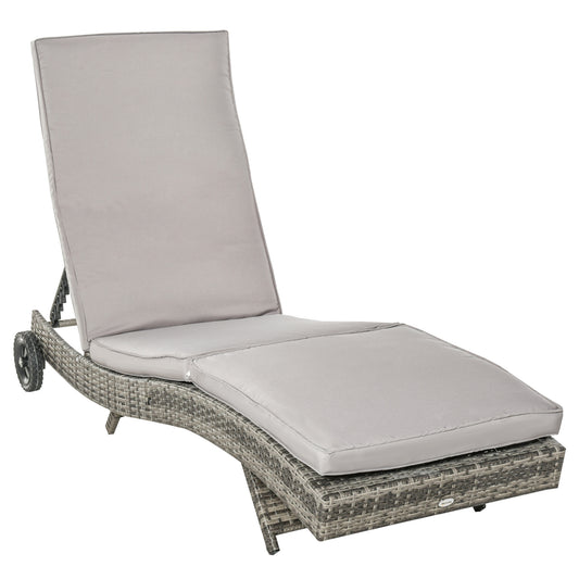 Patio Wicker Chaise Lounge Chair, Outdoor PE Rattan Sun Lounger with Adjustable Backrest and 2 Wheels, Grey