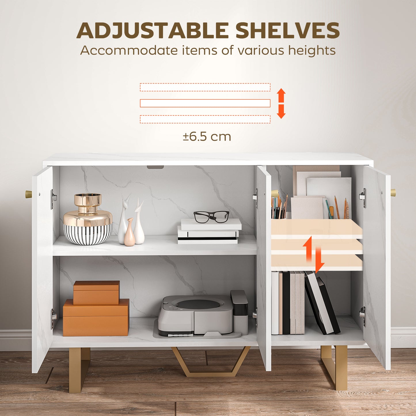 Sideboard Storage Cabinet, Modern Storage Cupboard with Adjustable Shelves and Metal Legs for Living Room, Kitchen