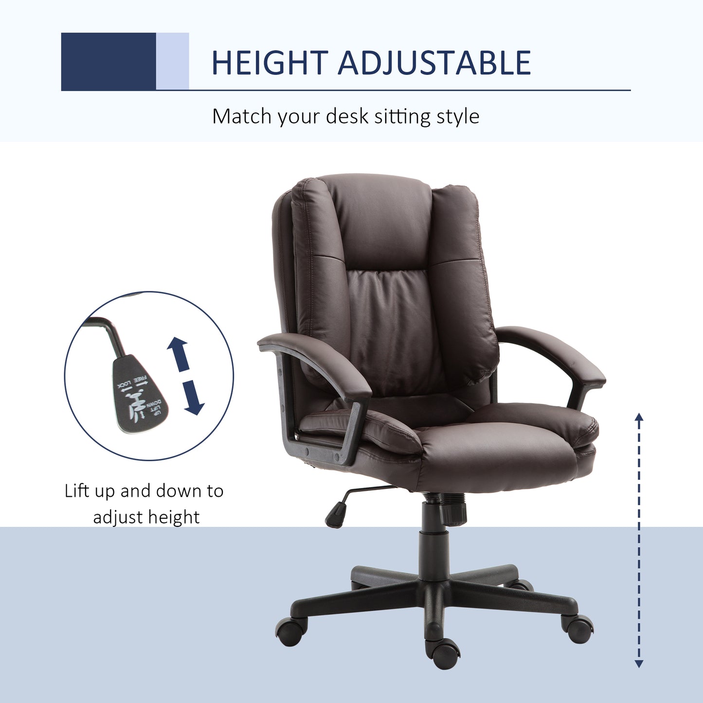 Office Chair, Computer Desk Chair, PU Leather Mid Back Executive Chair with Adjustable Height and Swivel Rolling Wheels for H