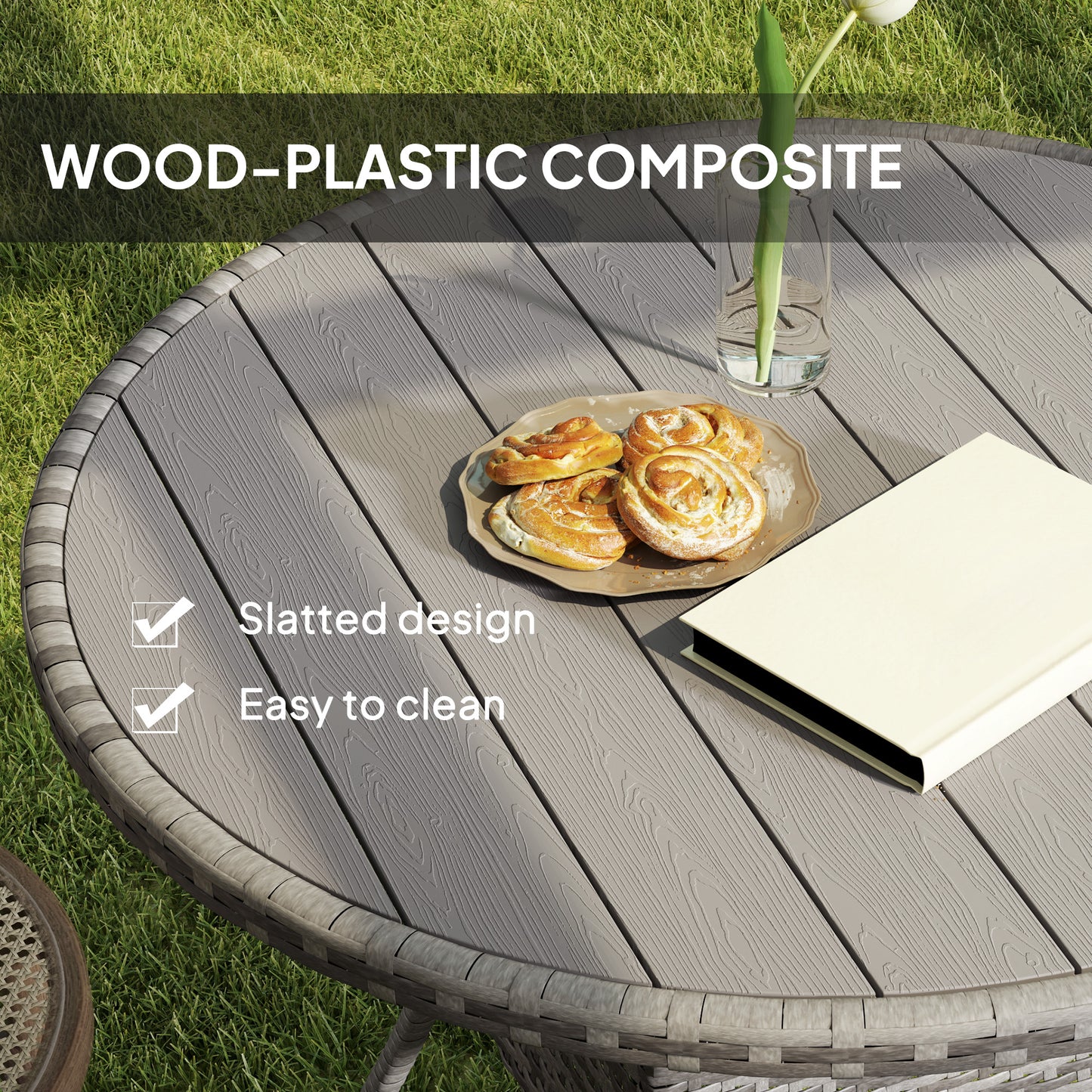 90 cm Wood-Effect Rattan Garden Table - Grey