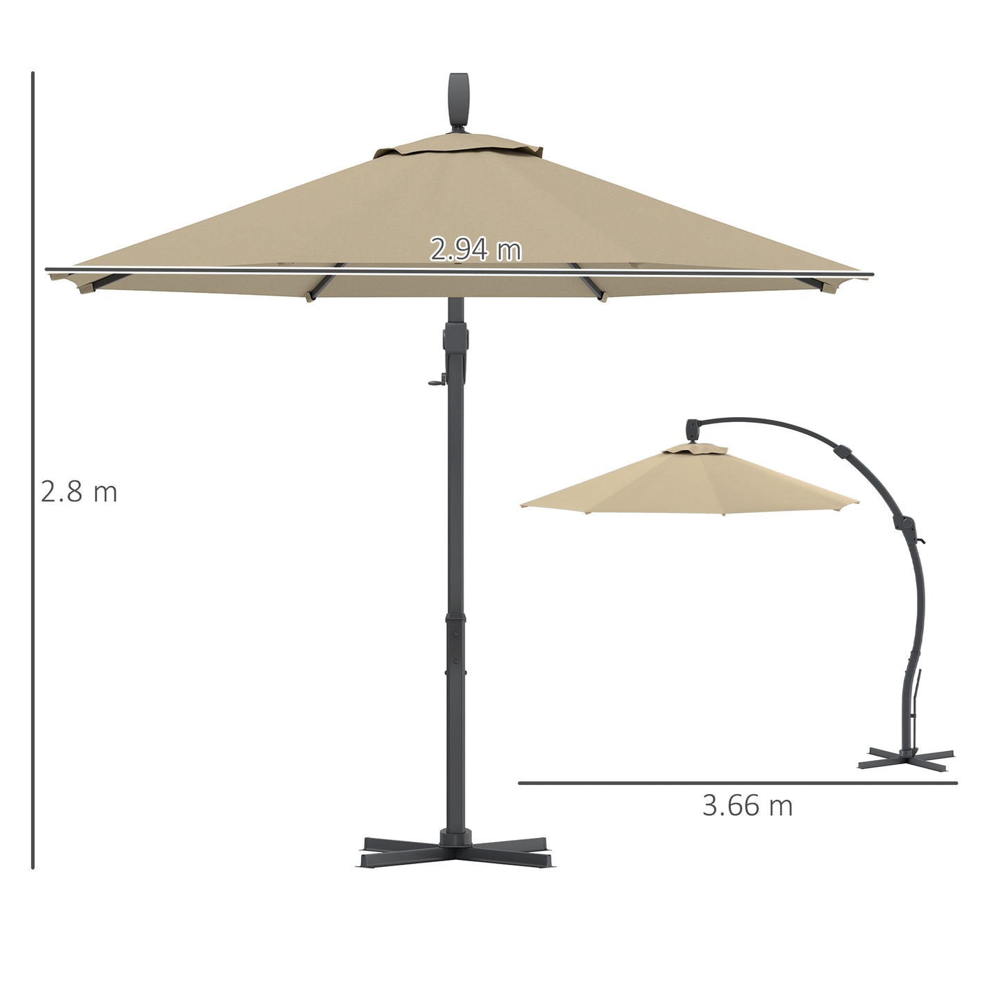3(m) Garden Cantilever Parasol, Round Overhanging Umbrella with Crank Handle, Cross Base, Aluminium Frame and 360° Rotation