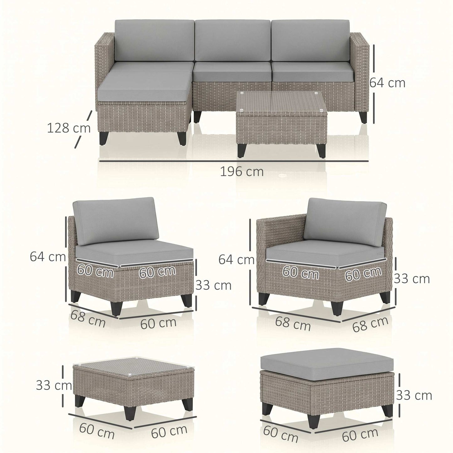 5-Piece Rattan Patio Furniture Set with Corner Sofa, Footstools, Coffee Table, for Poolside, Brown
