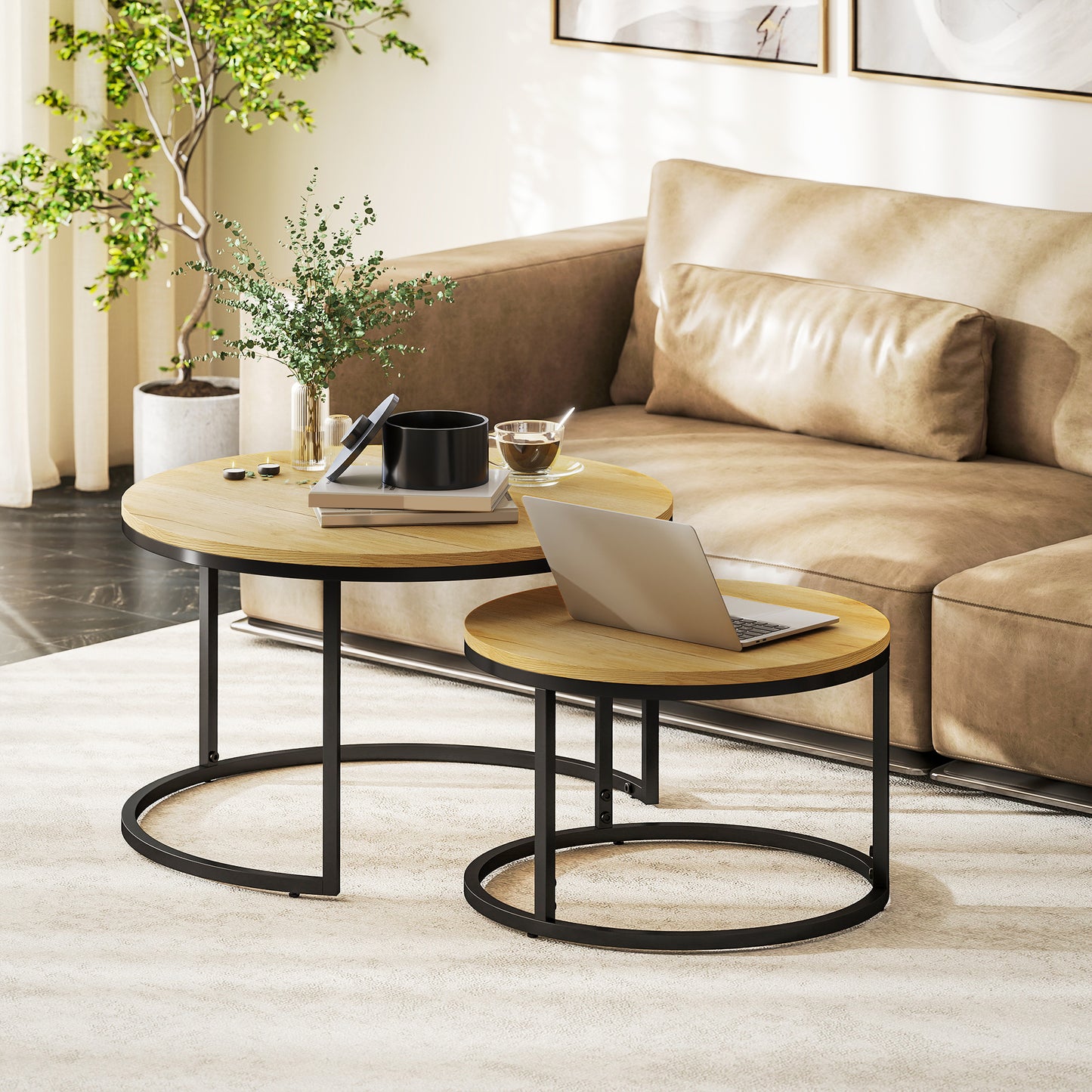 Set of Two Wood-Effect Stacking Tables - Natural