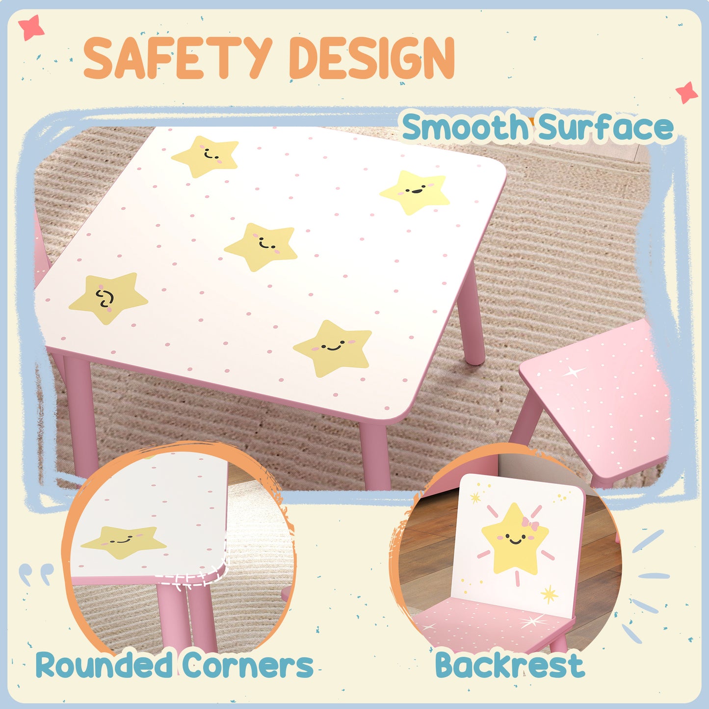 3-Piece Toddler Table and Chair Set, Kids Table with 2 Chairs Set for Bedroom, Nursery, Playroom, Pink