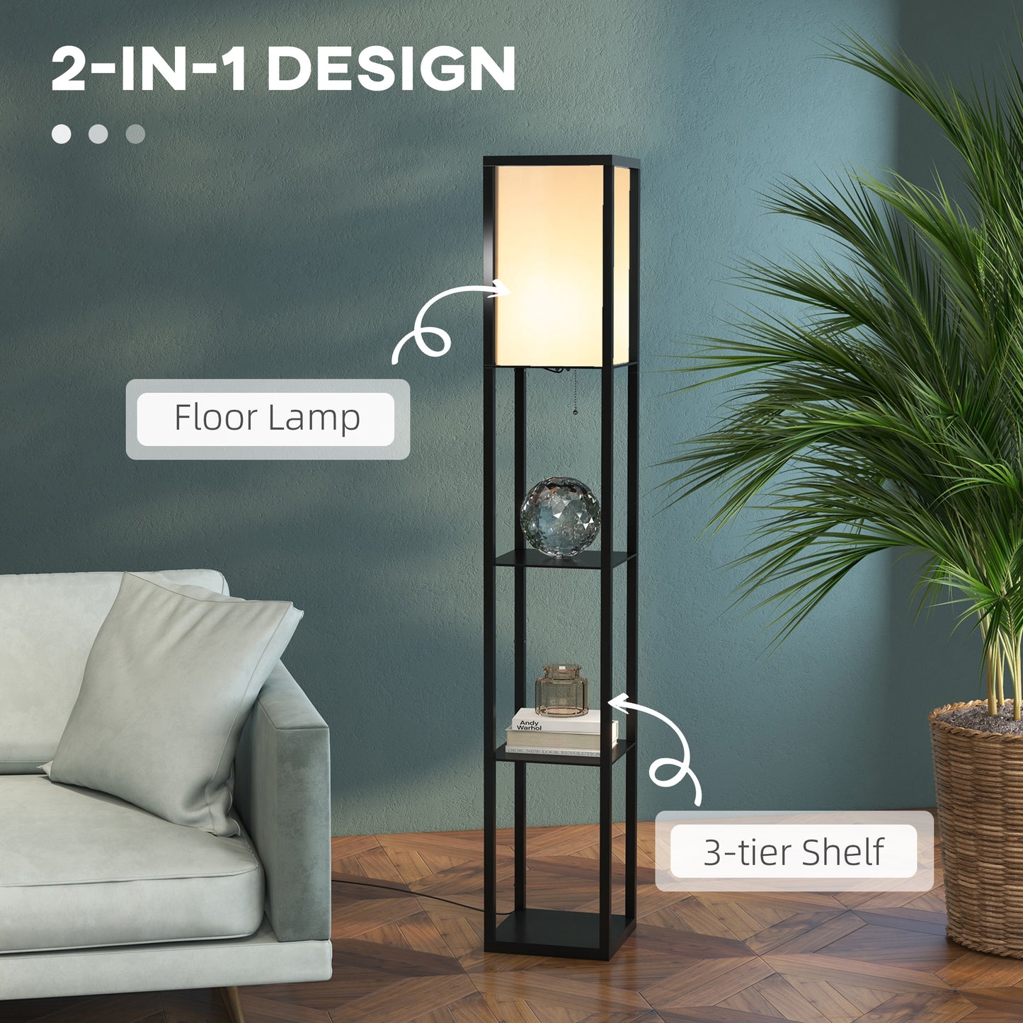 3-Tier Floor Lamp with Shelves and Storage, Modern Standing Lamp with Lampshade
