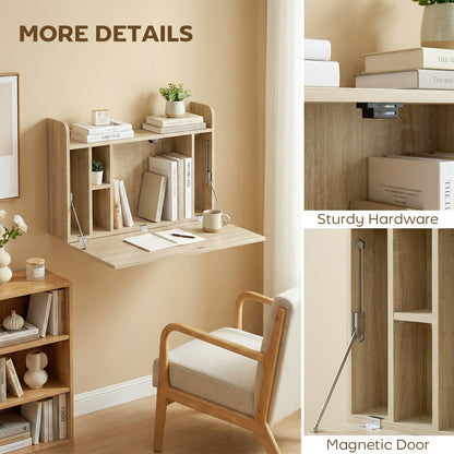 Wall Mounted Desk, Drop Leaf Floating Laptop Desk with Space Saving Storage Compartments for Home Office, Oak