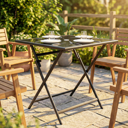 Folding Outdoor Dining Table, Square Garden Table Tempered Glass Top with Parasol Hole Garden Patio, 70 x 70 x 70 cm