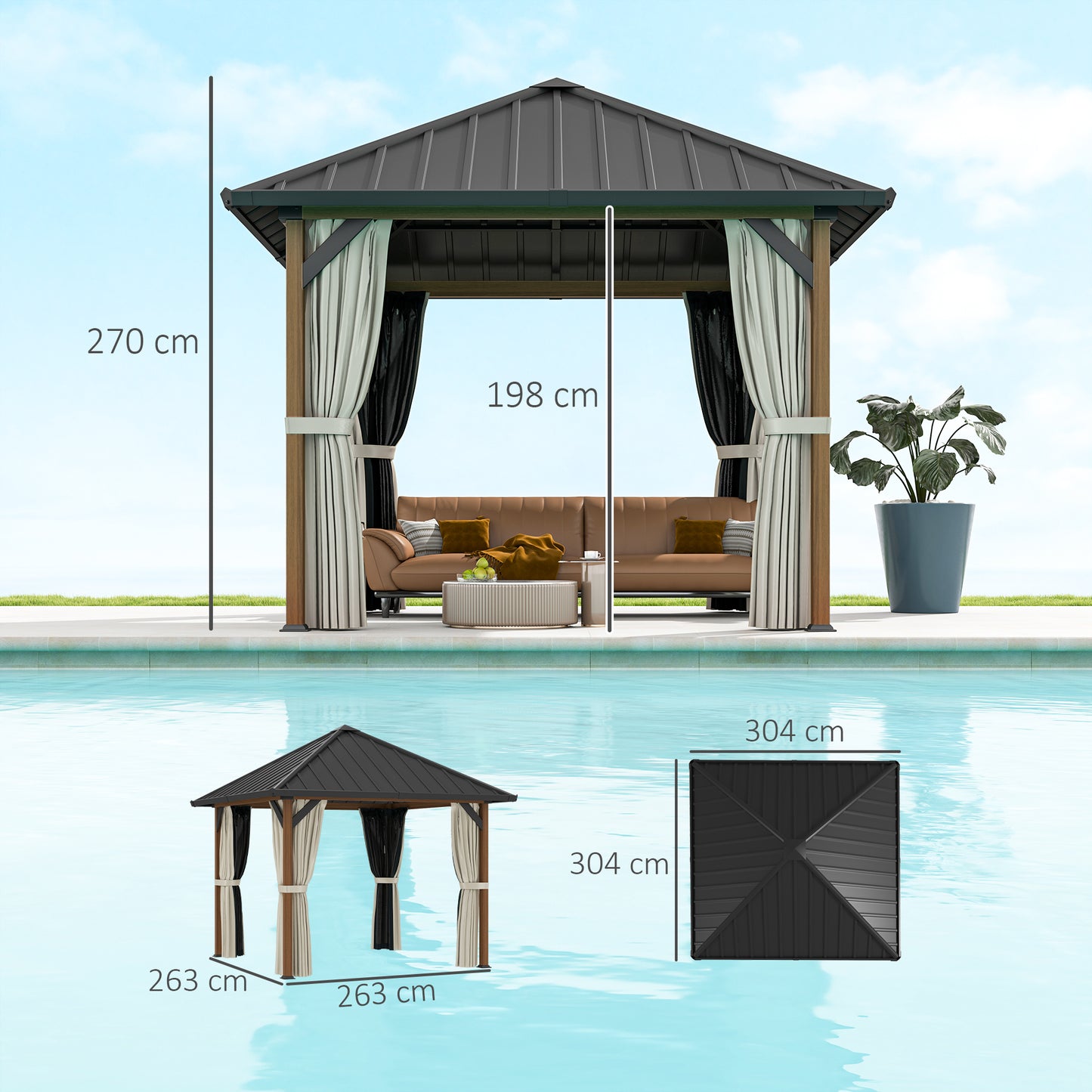 3 x 3(m) Hardtop Gazebo with Galvanised Steel Roof and Water Gutter, Waterproof Permanent Pavilion Garden Gazebo