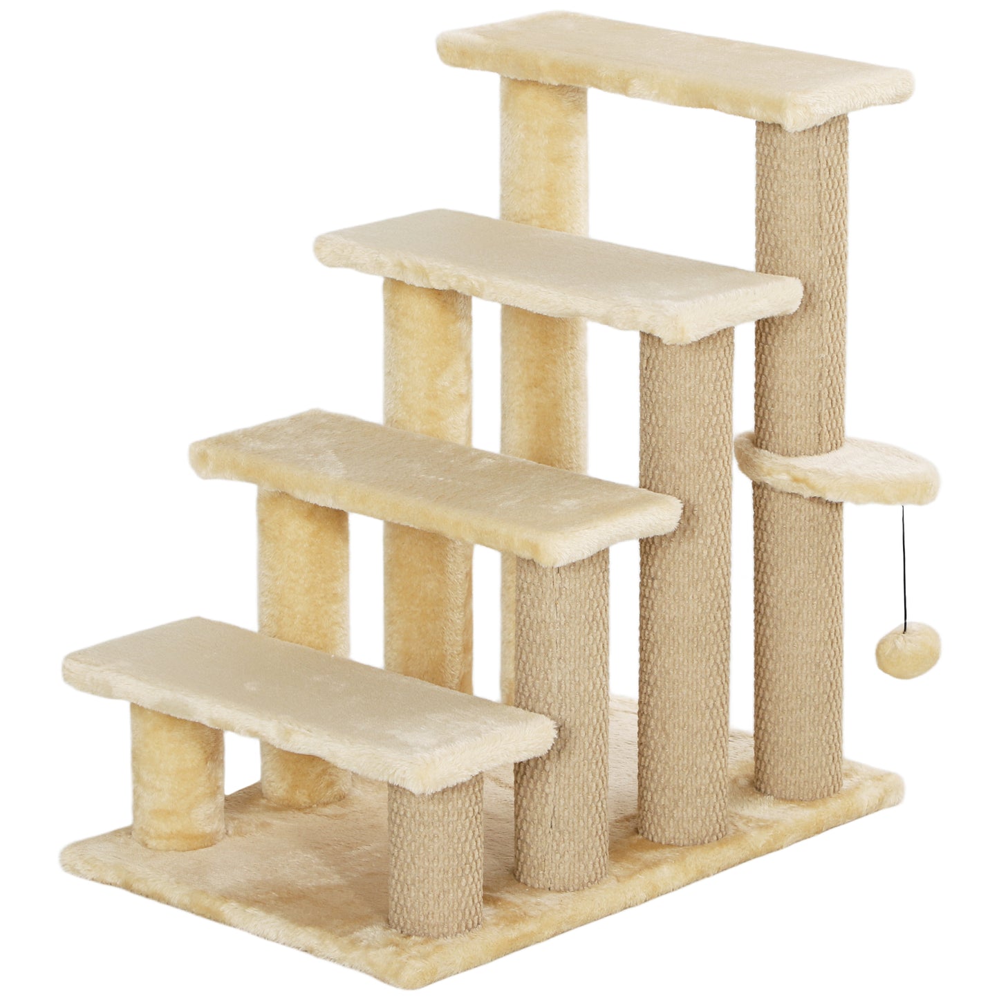 4-step Pet Stairs with Scratching Posts, Platforms, Toy Ball, Beige