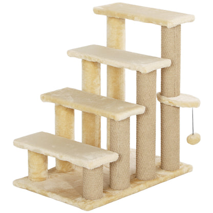 4-step Pet Stairs with Scratching Posts, Platforms, Toy Ball, Beige