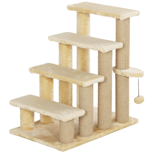 4-step Pet Stairs with Scratching Posts, Platforms, Toy Ball, Beige