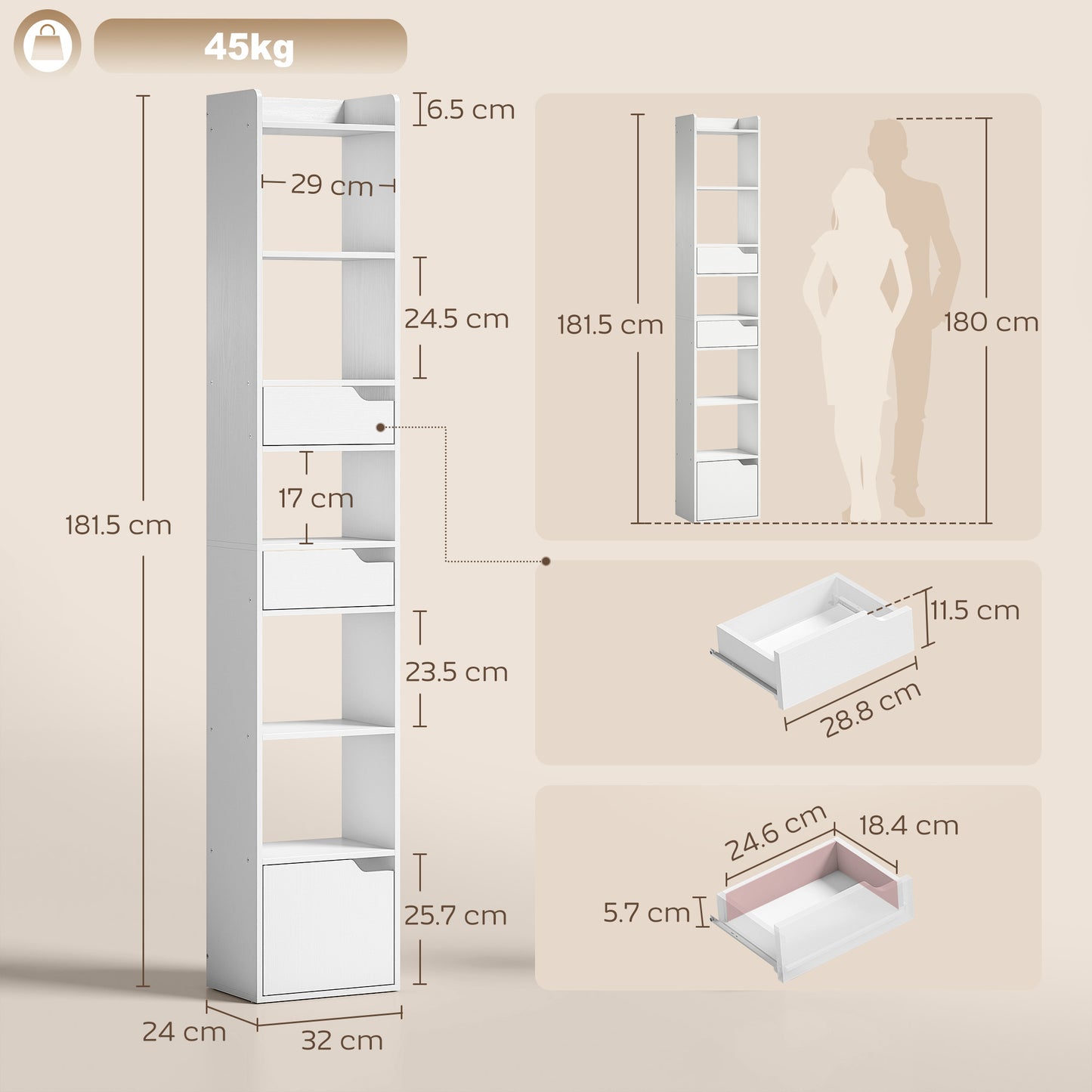 Bookcase Tall Narrow with 5 Tiers and Drawers Freestanding Bookshelf Storage Cabinet for Living Room White Wood Effect