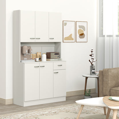 Freestanding Kitchen Pantry Storage Cabinet with Adjustable Shelves & Middle Worktop - White