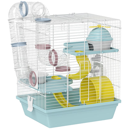 3-Level Hamster Cage with Exercise Wheel, Water Bottle, Food Bowl, for Dwarf Hamsters, 34.5 x 27.5 x 41 cm, Blue
