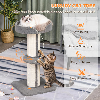 91cm Cat Tree, Cat Tower with Scratching Post, Bed, Perch, Removable Cushion for Indoor Kittens, Grey
