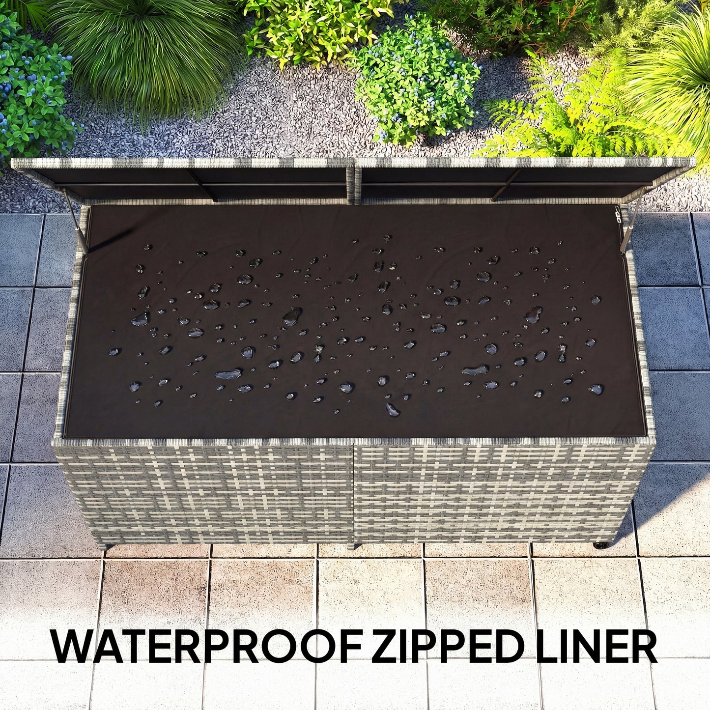 650L Garden Storage Box with 2 Wheels, Rattan Deck Box with Waterproof Zipped Liner, Safe Pneumatic Rods, Mixed Grey