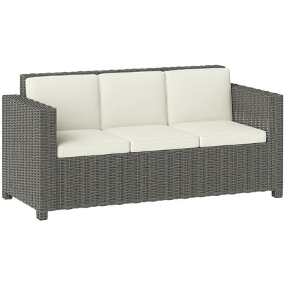 3 Seater Rattan Sofa All-Weather Wicker Weave Metal Frame Chair with Fire Resistant Cushio-Cream