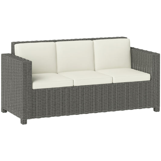 3 Seater Rattan Sofa All-Weather Wicker Weave Metal Frame Chair with Fire Resistant Cushio-Cream