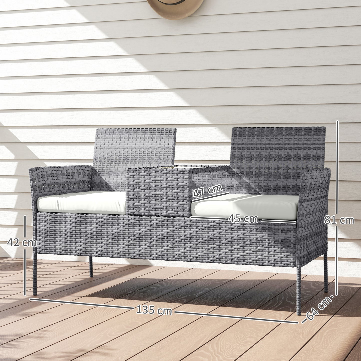 Two-Seat Rattan Chair, with Middle Table - Grey