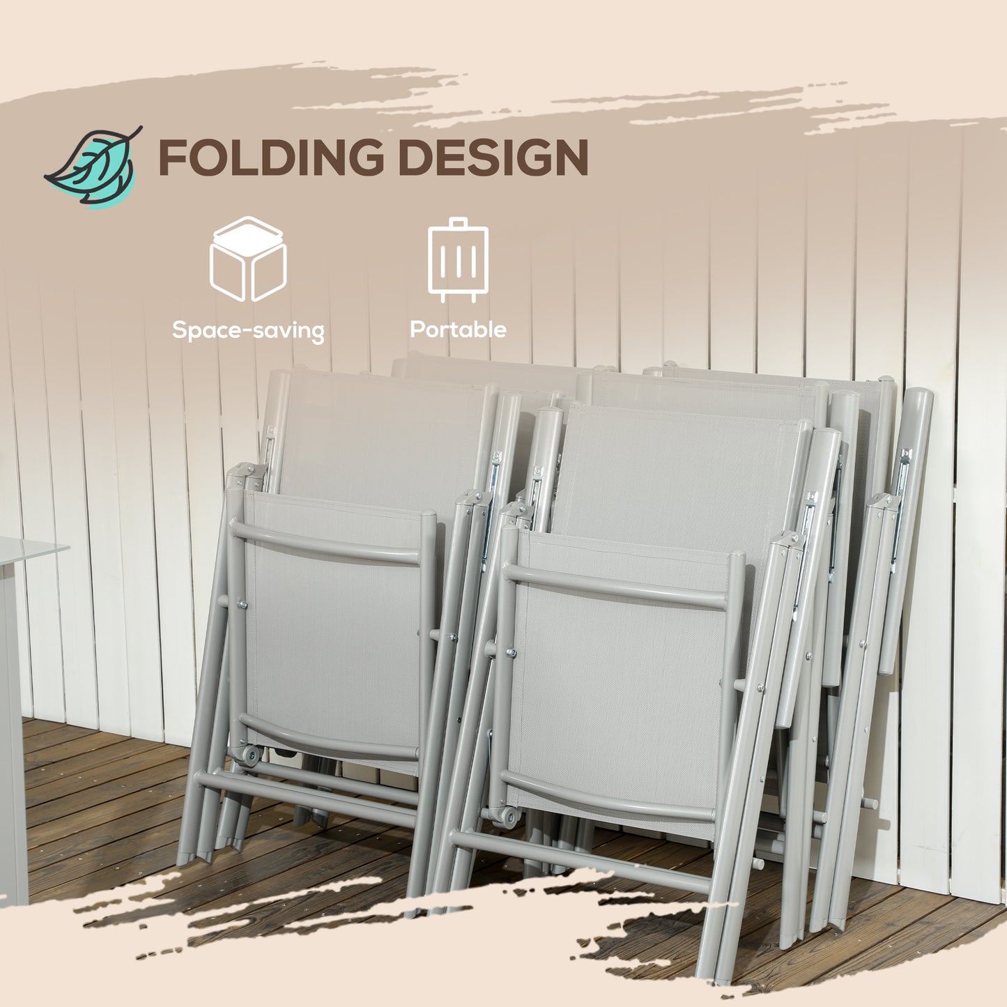 7 Piece Garden Dining Set, Outdoor Table and 6 Folding and Reclining Chairs, Aluminium Frame, Tempered Glass Top Table