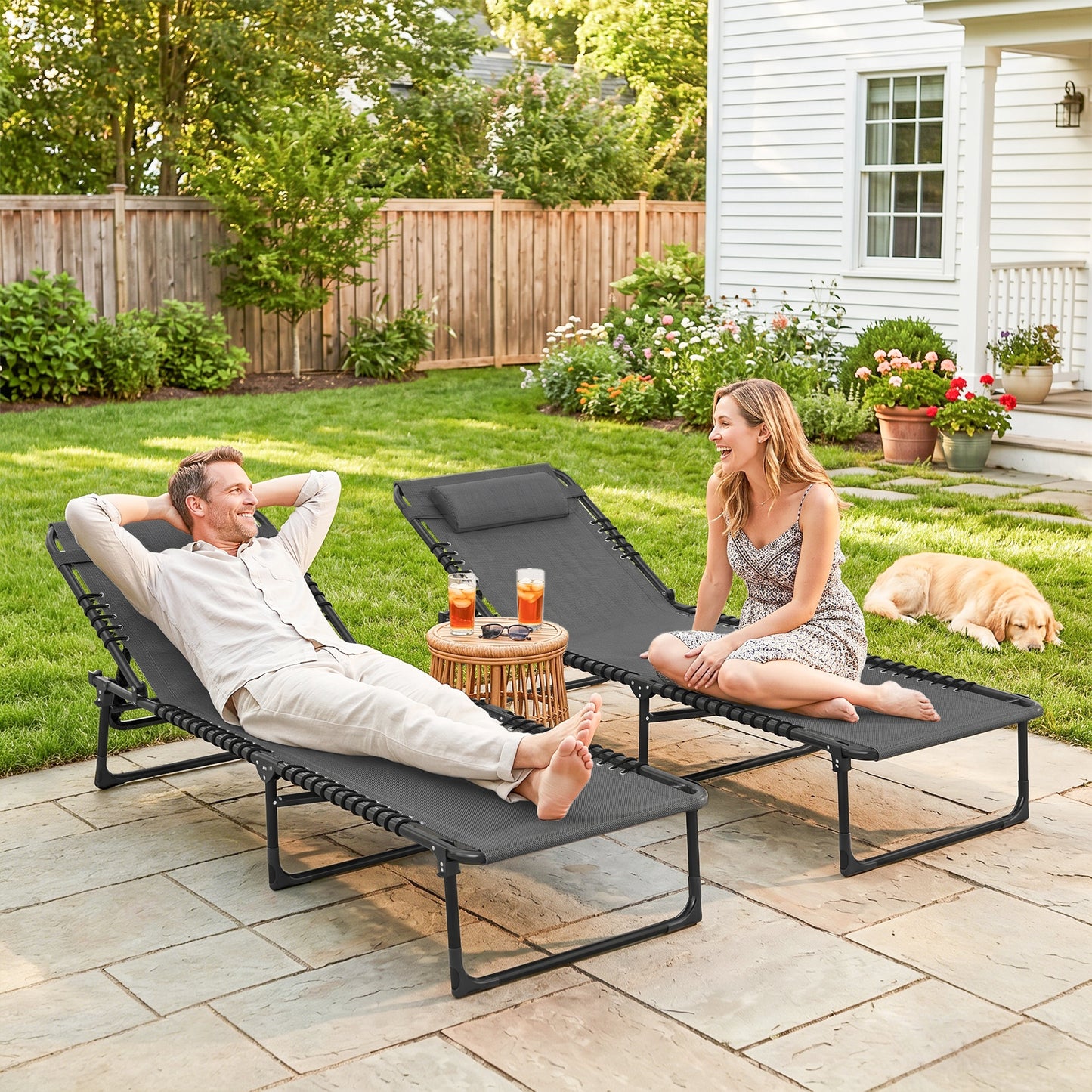 Set of Two Folding Sun Loungers, with Four-Position Backs - Grey
