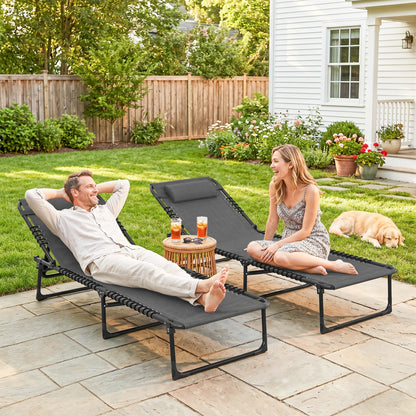 Set of Two Folding Sun Loungers, with Four-Position Backs - Grey