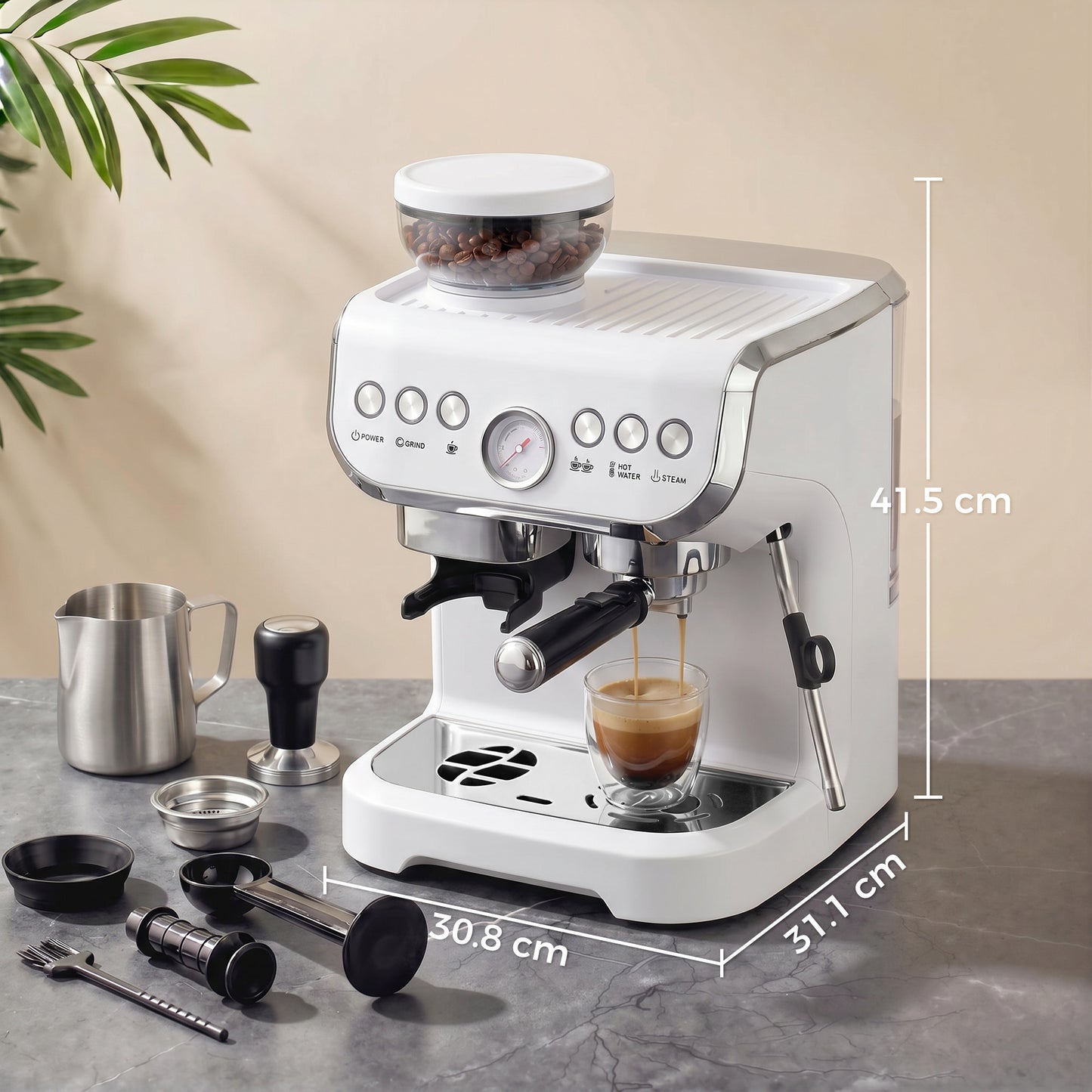 15 Bar Coffee Machine, with Adjustable Grind, Steamer and Accessories - White