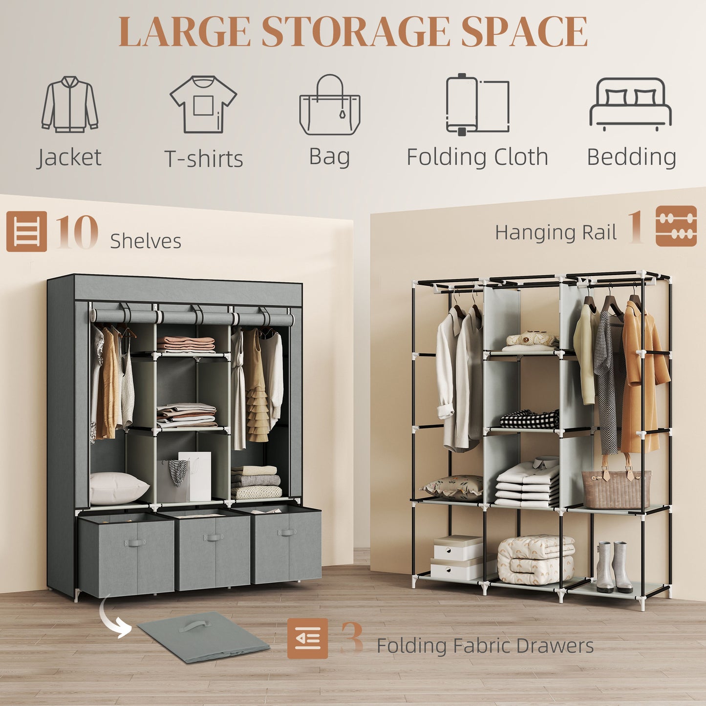 Foldable Fabric Wardrobe for Bedroom, Portable Wardrobe with 5 Shelves, 2 Hanging Rails and 3 Fabric Drawers, Light Grey