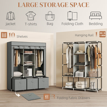 Foldable Fabric Wardrobe for Bedroom, Portable Wardrobe with 5 Shelves, 2 Hanging Rails and 3 Fabric Drawers, Light Grey