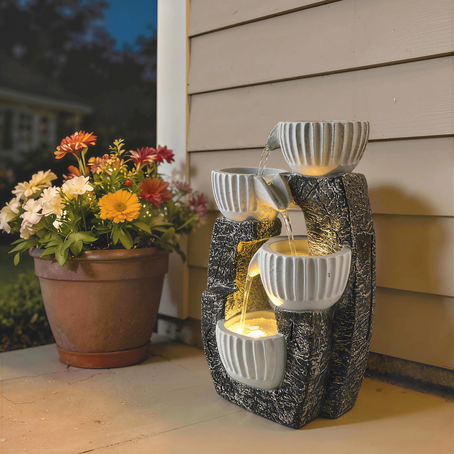 4-Tier Bowl Water Feature, Indoor Outdoor Garden Water Fountain with Pump and LED Lights, Resin Cascading Waterfall