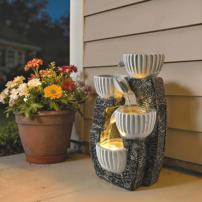 4-Tier Bowl Water Feature, Indoor Outdoor Garden Water Fountain with Pump and LED Lights, Resin Cascading Waterfall