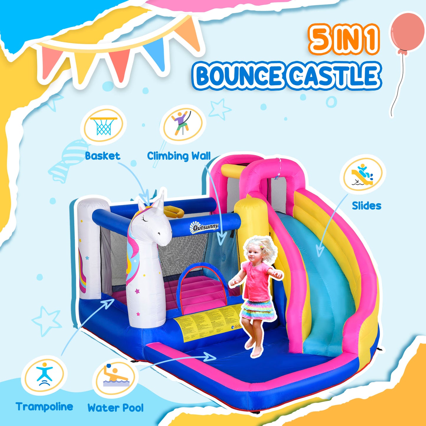5 in 1 Bouncy Castle, with Blower, for Ages 3-8 Years - Multicoloured