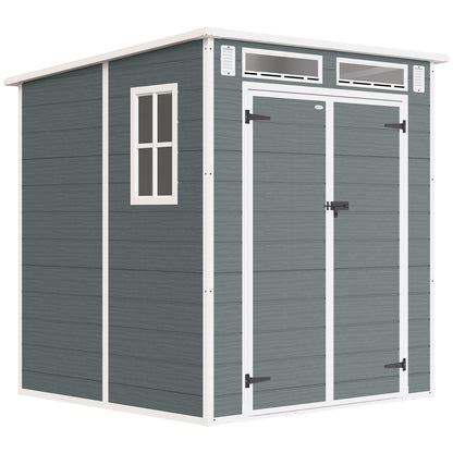 6 x 6 ft Plastic Garden Shed, Wood-Effect Outdoor Storage Shed with Floor, Windows, Lockable Doors and Vents, Grey