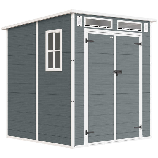 6 x 6 ft Plastic Garden Shed, Wood-Effect Outdoor Storage Shed with Floor, Windows, Lockable Doors and Vents, Grey