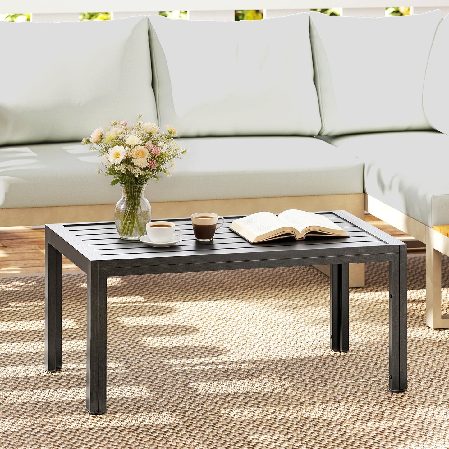 Outdoor Side Table, Rectangular Patio Coffee Side Table with Steel Frame and Slat Tabletop for Garden, Balcony, Grey