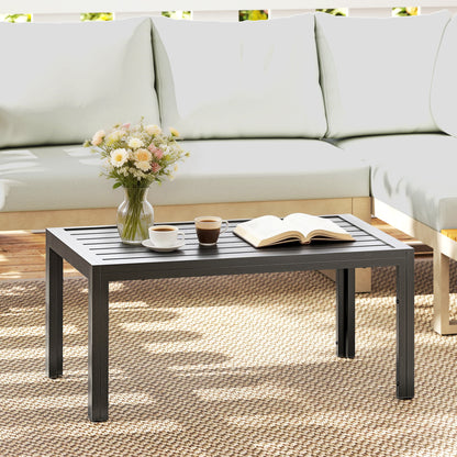 Outdoor Side Table, Rectangular Patio Coffee Side Table with Steel Frame and Slat Tabletop for Garden, Balcony, Grey