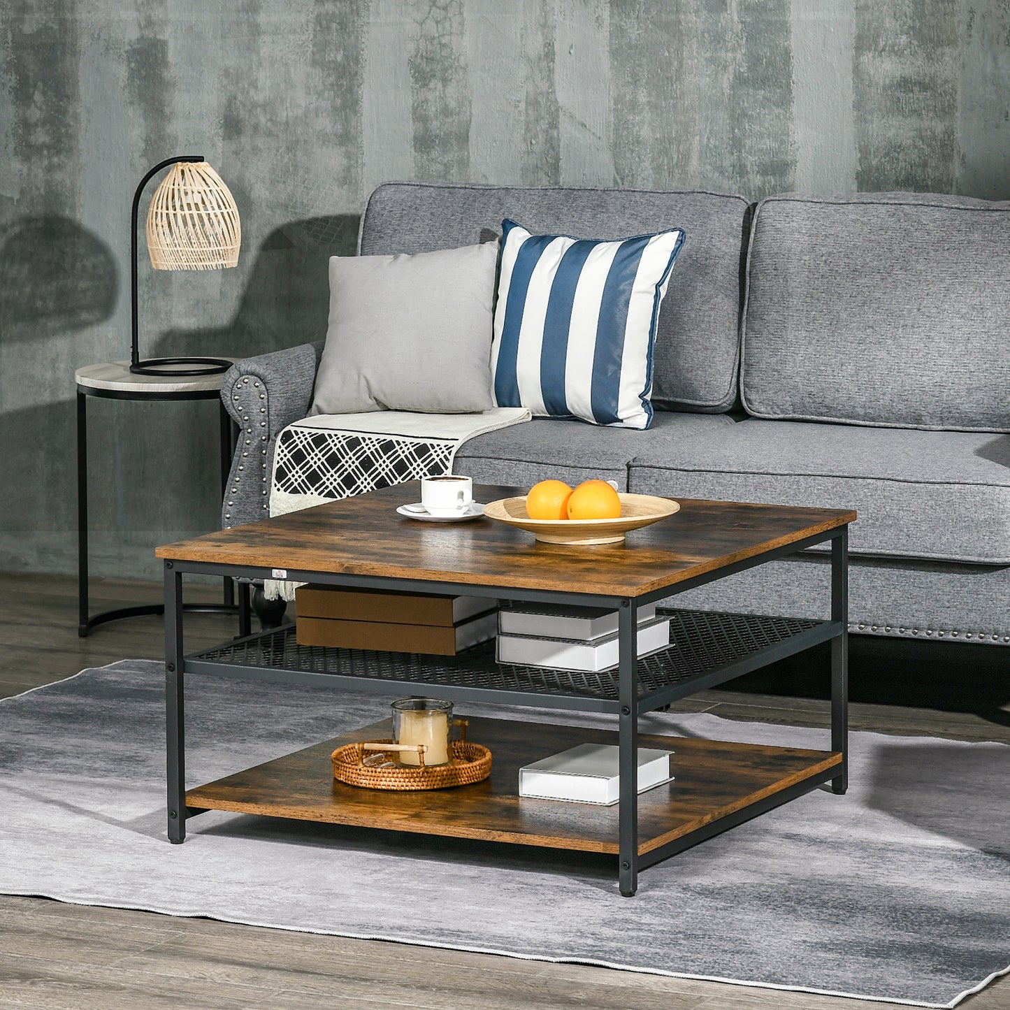 Coffee Table, Living Room Table with 3-Tier Storage Shelves, Square Tea Table for Home Office, Rustic Brown