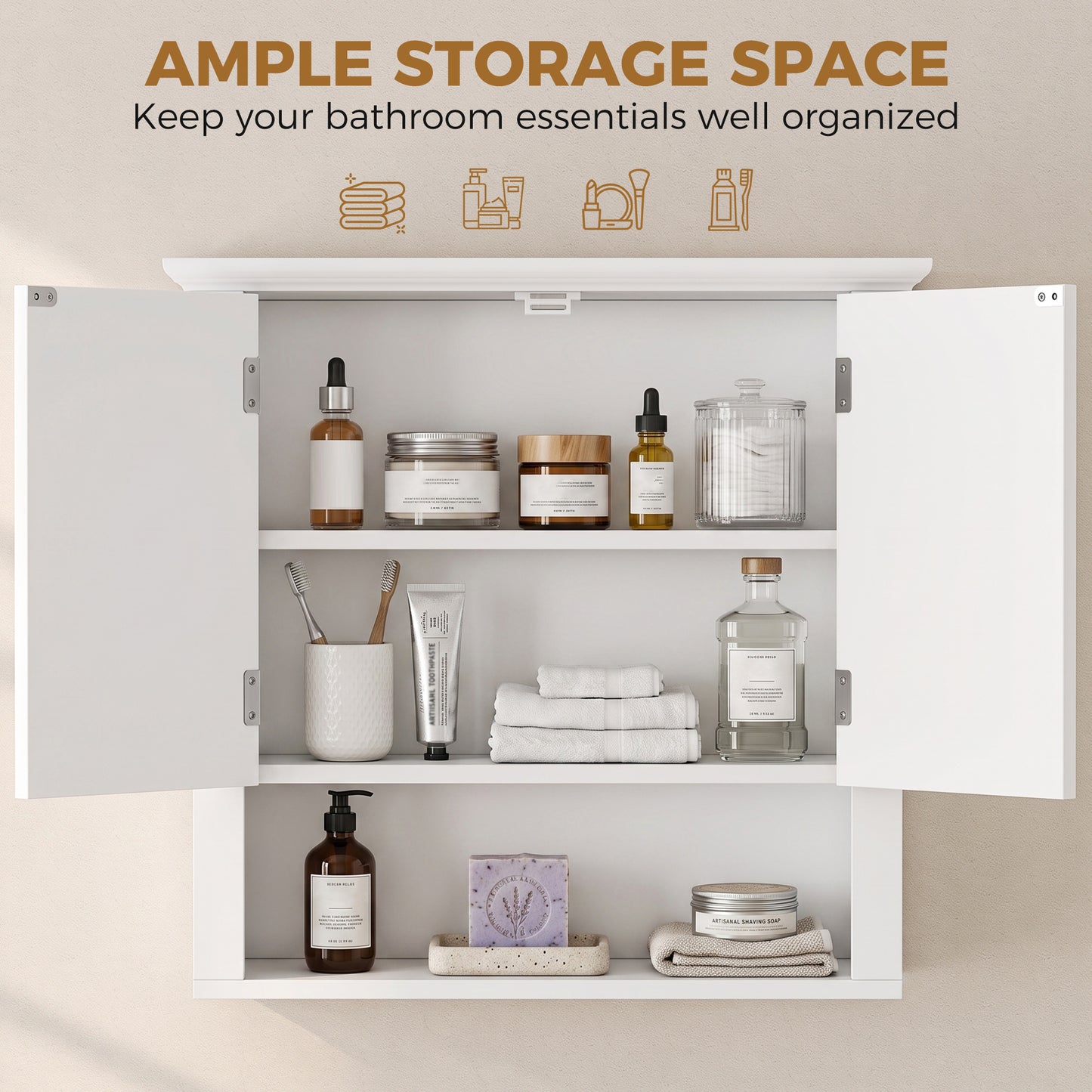 Bathroom Wall Cabinet, Medicine Cabinet, Kitchen Cupboard with 2 Doors and Adjustable Shelf, White